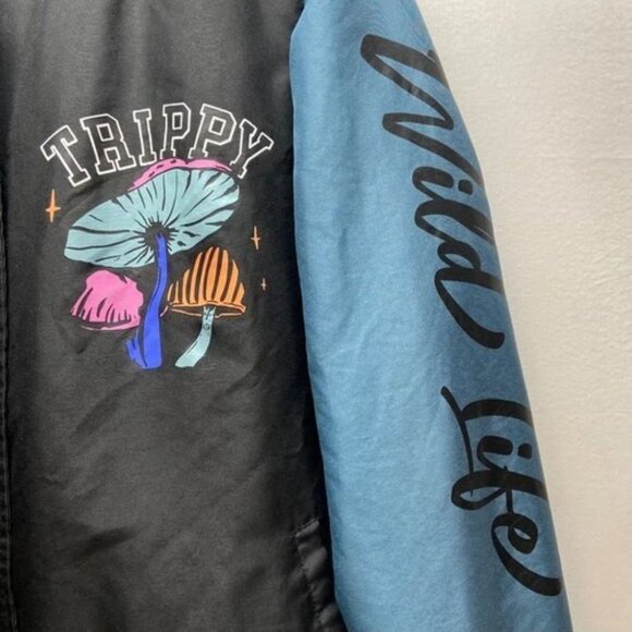 Rue21 Varsity Bomber Jacket Men's Medium Black Teal Trippy Wild Life Graphic EUC - Picture 4 of 13